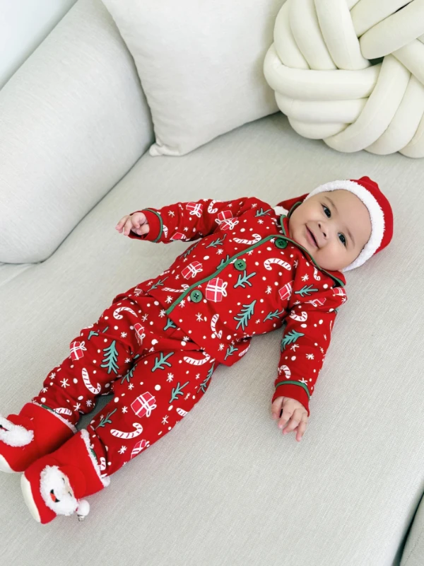 Bebe Yaka Noel Baba  Temalı %100 Pamuk Ponpon Şapkalı 3’lü Takım
