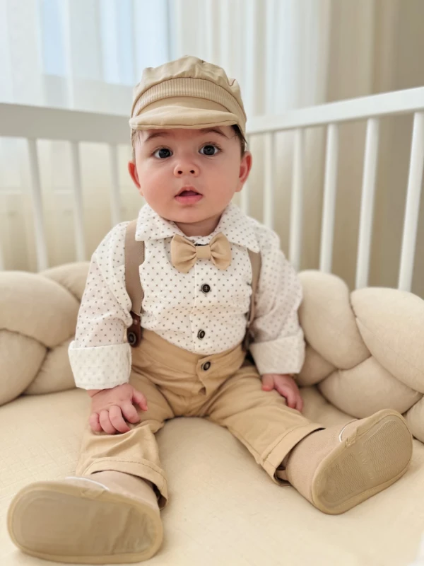 Gabardin Pantalon Keten Gömlekli Kasketli Askı Kemerli Papyonlu 5’li Premium Kalite Takım