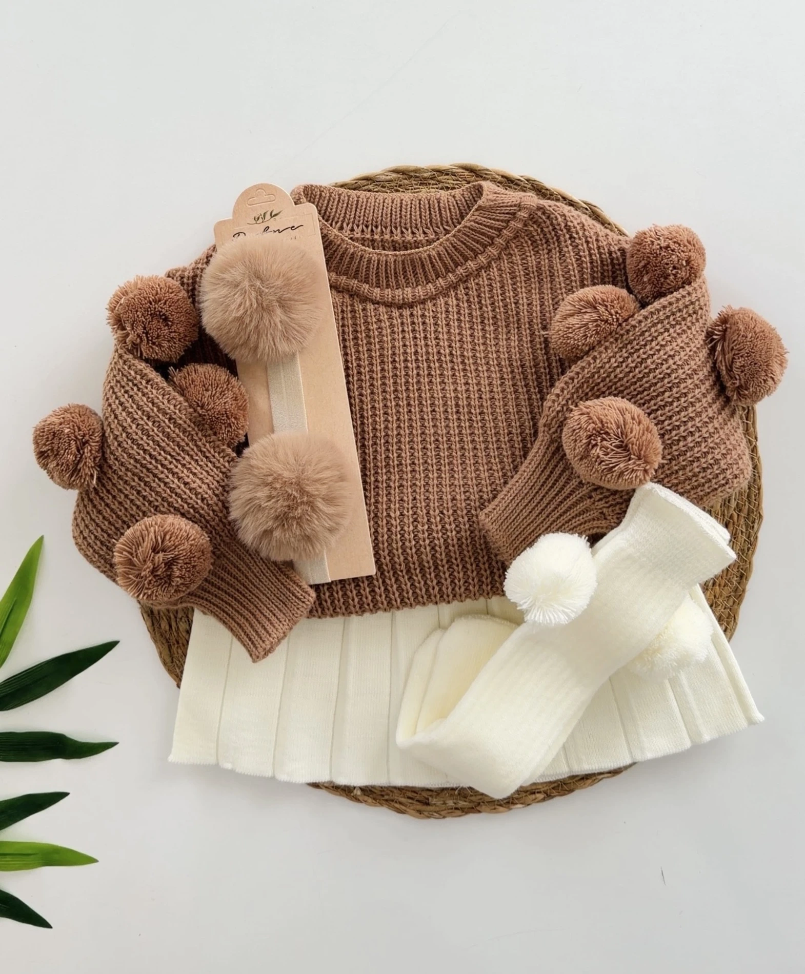 Selanik Örgüsü Kumaşlı Ponpon  Detaylı Bandanalı Triko Etekli 3’lü  Takım