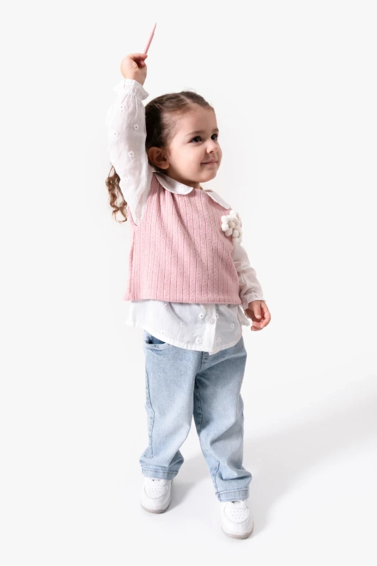 Papatya Nakışlı Süveterli Gömlekli Kot Pantalonlu 3’lü Takım