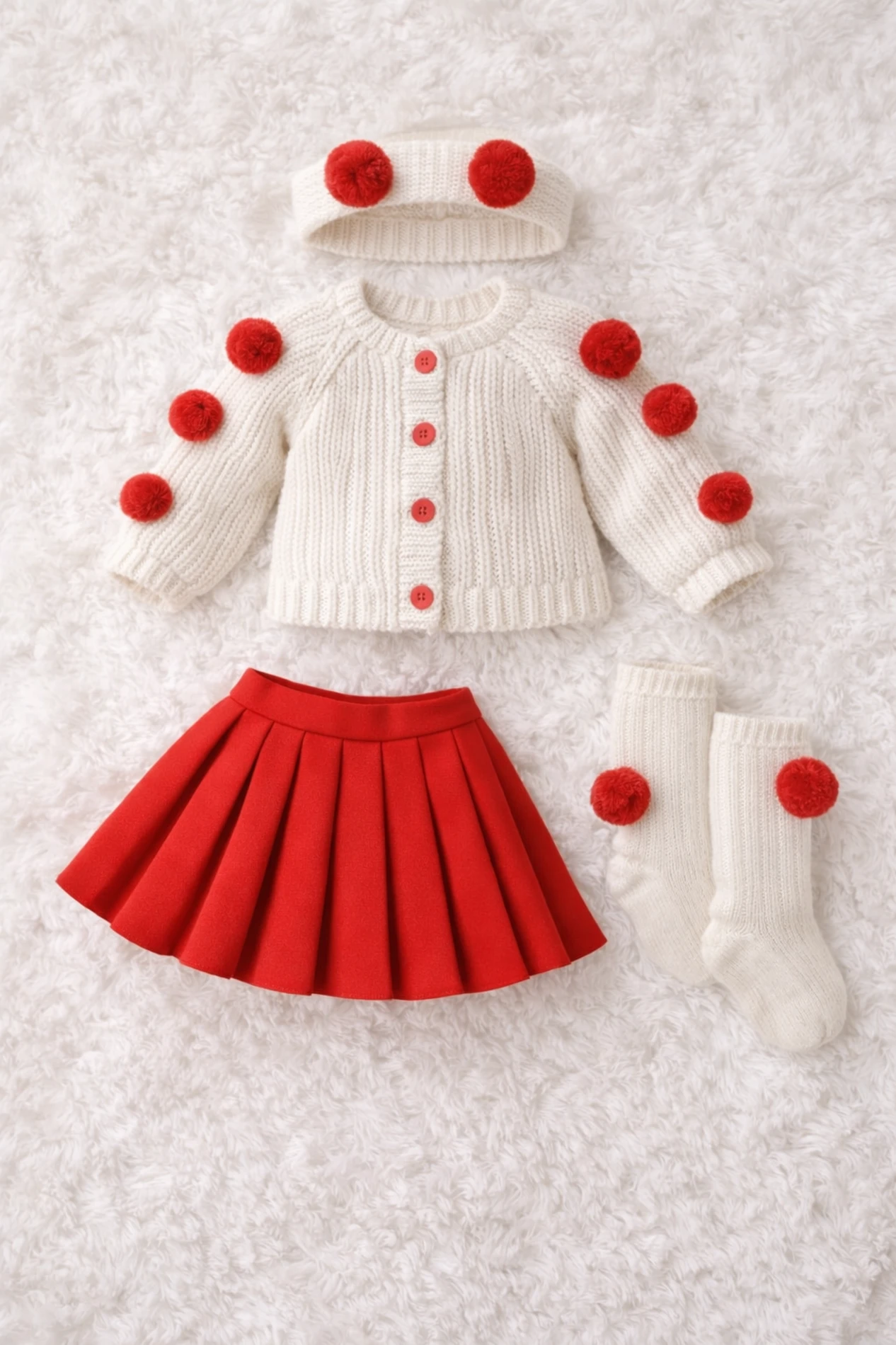 Ponponlu Selanik Örgüsü Hırkalı Triko Etekli Bandana & Çorap 4’lü Set