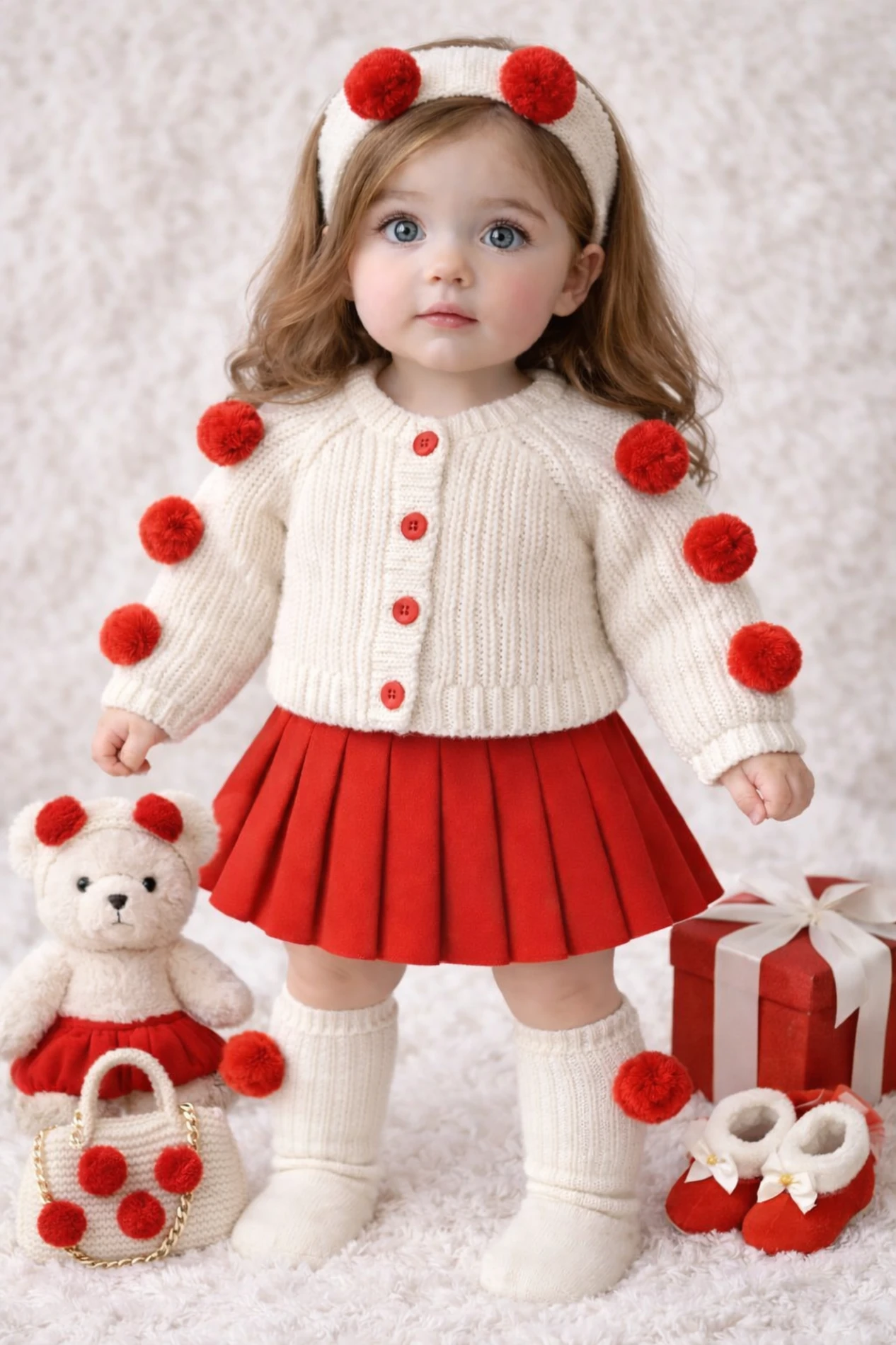 Ponponlu Selanik Örgüsü Hırkalı Triko Etekli Bandana & Çorap 4’lü Set