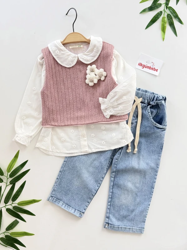 Papatya Nakışlı Süveterli Gömlekli Kot Pantalonlu 3’lü Takım