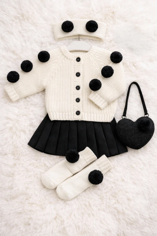 Ponponlu Selanik Örgüsü Hırkalı Triko Etekli Bandana & Çorap 4’lü Set