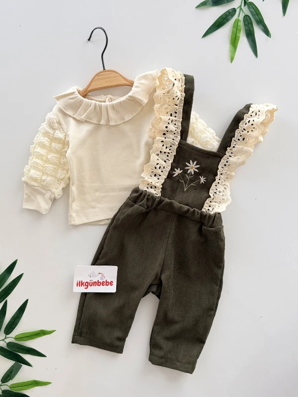 Vintage Papatya Nakışlı Kadife Salopet & Badi Takım