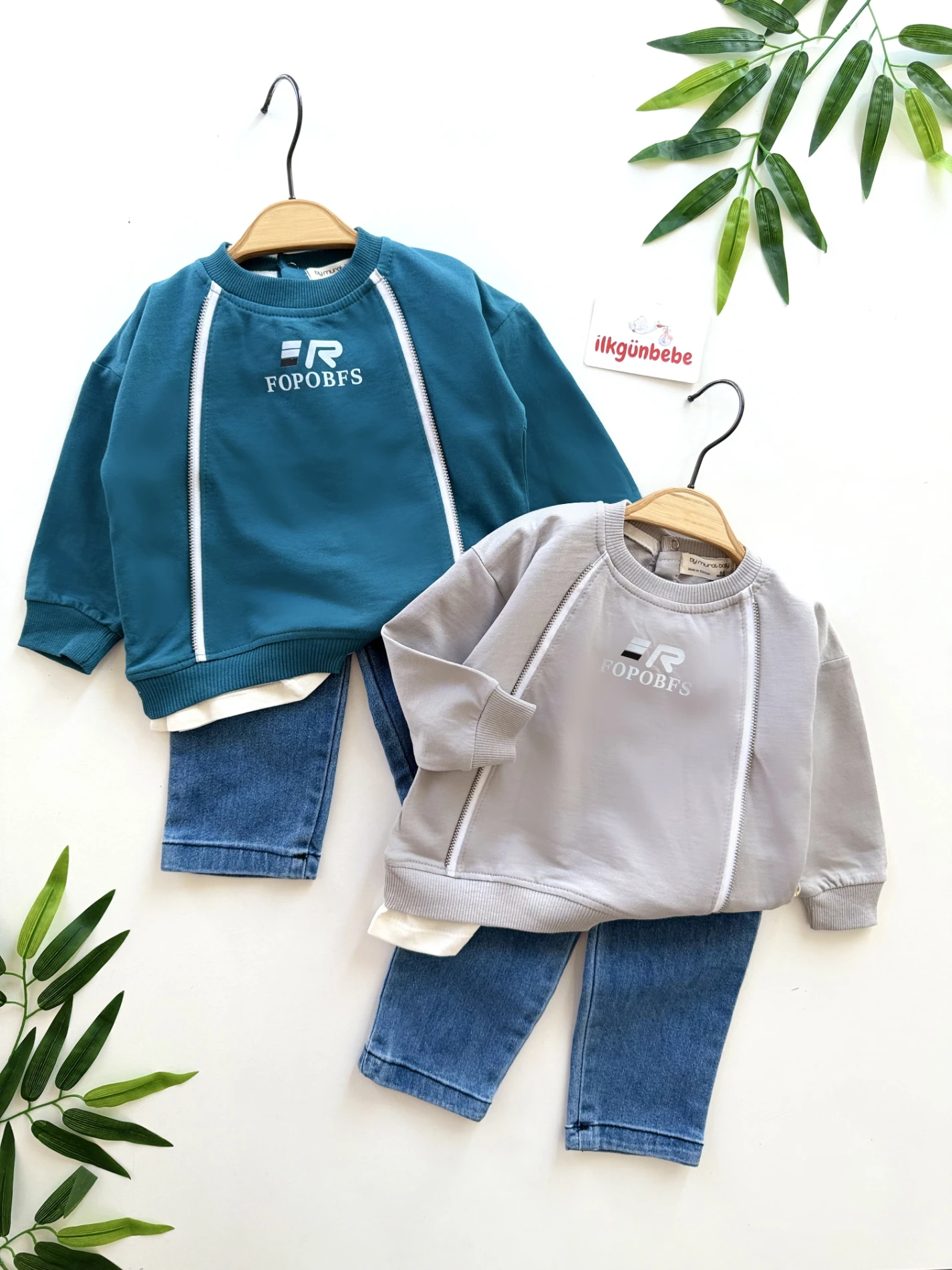 Marka Fermuar Detaylı Sweatli Kot Pantalonlu Takım