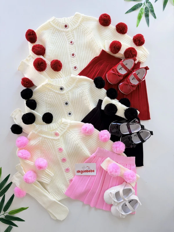 Ponponlu Selanik Örgüsü Hırkalı Triko Etekli Bandana & Çorap 4’lü Set