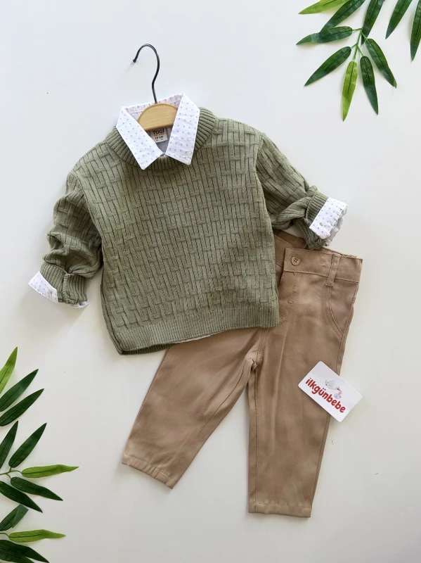 Triko Kazaklı Gömlekli Pantalonlu 3’lü Takım