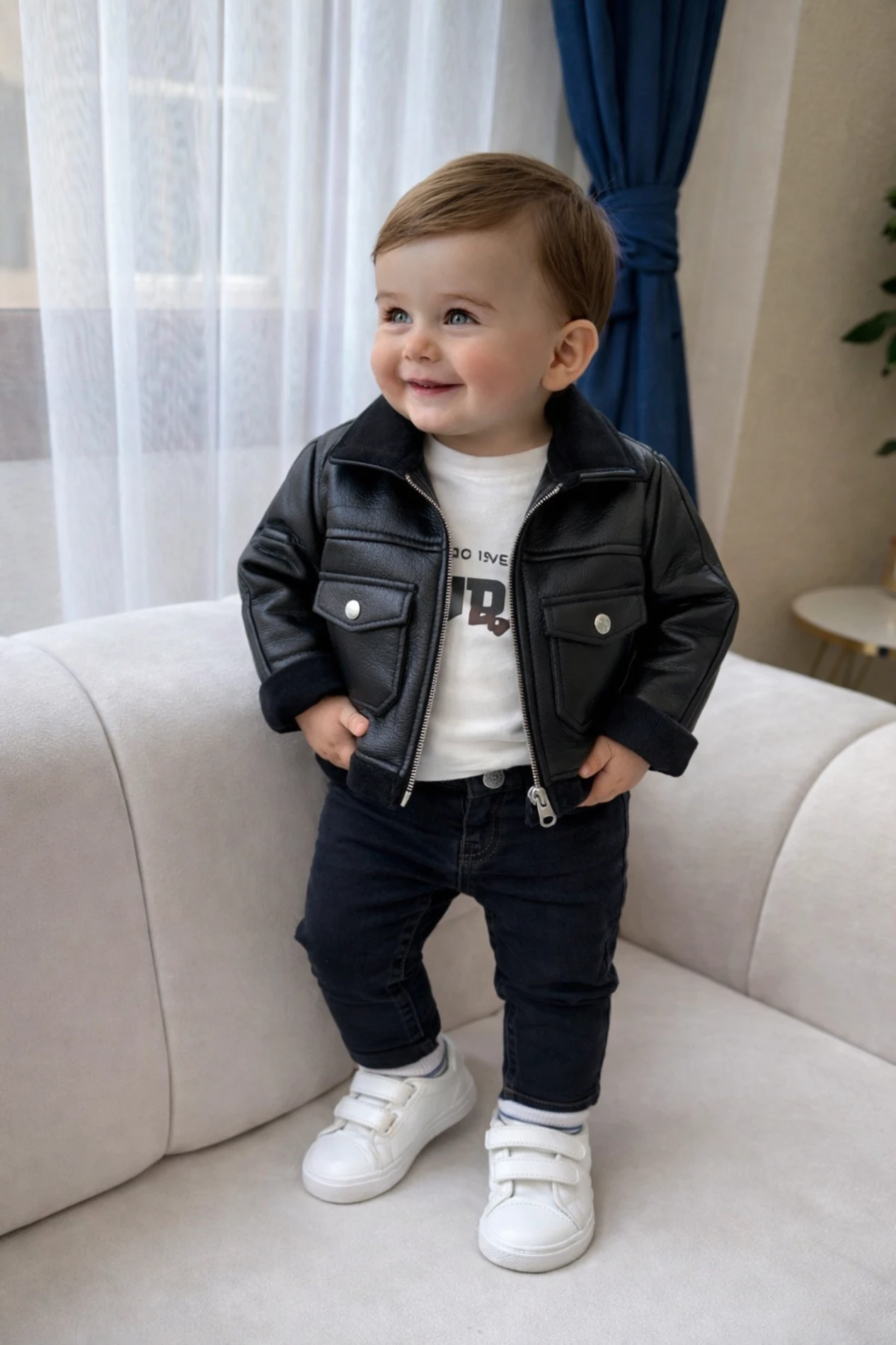 İçi Kadife Deri Ceketli Premium Kalite Kot Pantalonlu Bodyli Takım