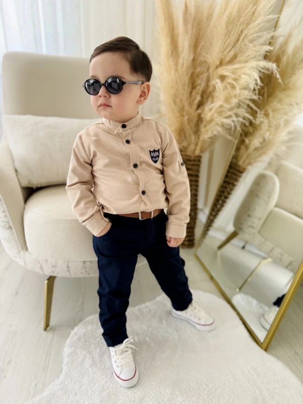 Hakim Yaka Ayarlanabilir Kollu Gömlekli Kemer Hediyeli Pantalonlu 3’lü Premium  Kalite Takım