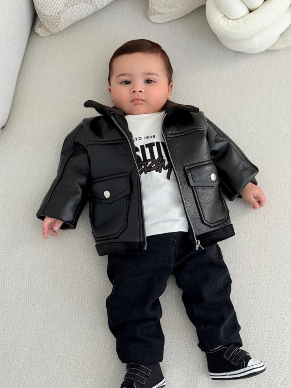 İçi Kadife Deri Ceketli Premium Kalite Kot Pantalonlu Bodyli Takım