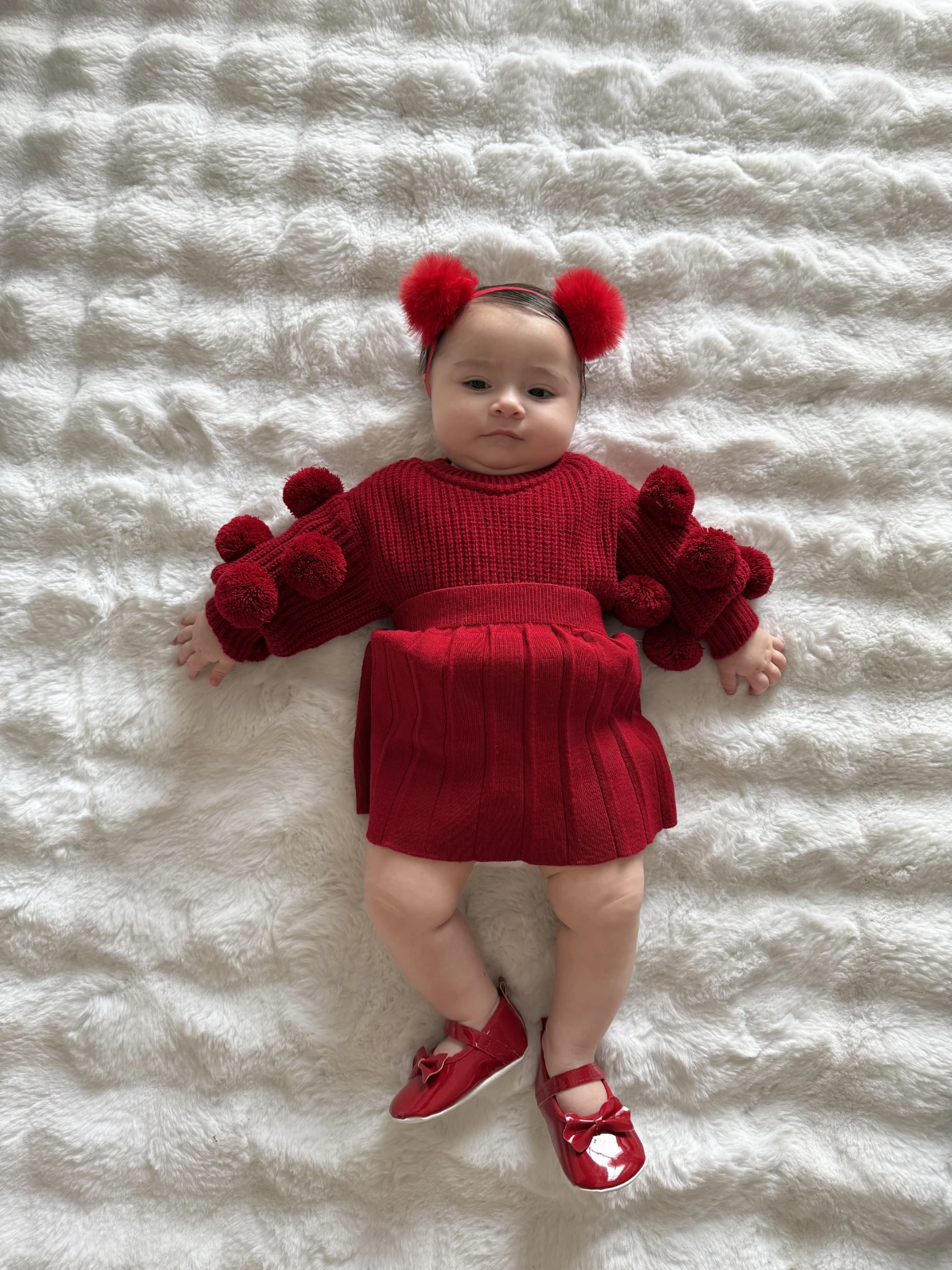 Selanik Örgüsü Kumaşlı Ponpon  Detaylı Triko Etekli 3’lü Takım