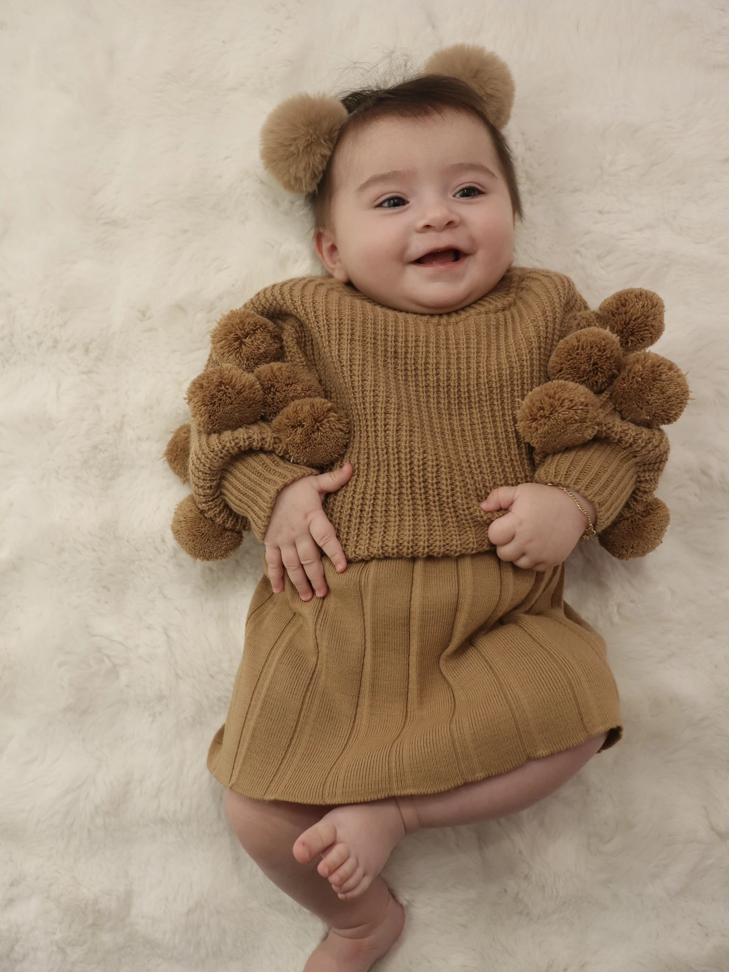 Selanik Örgüsü Kumaşlı Ponpon  Detaylı Triko Etekli 3’lü Takım