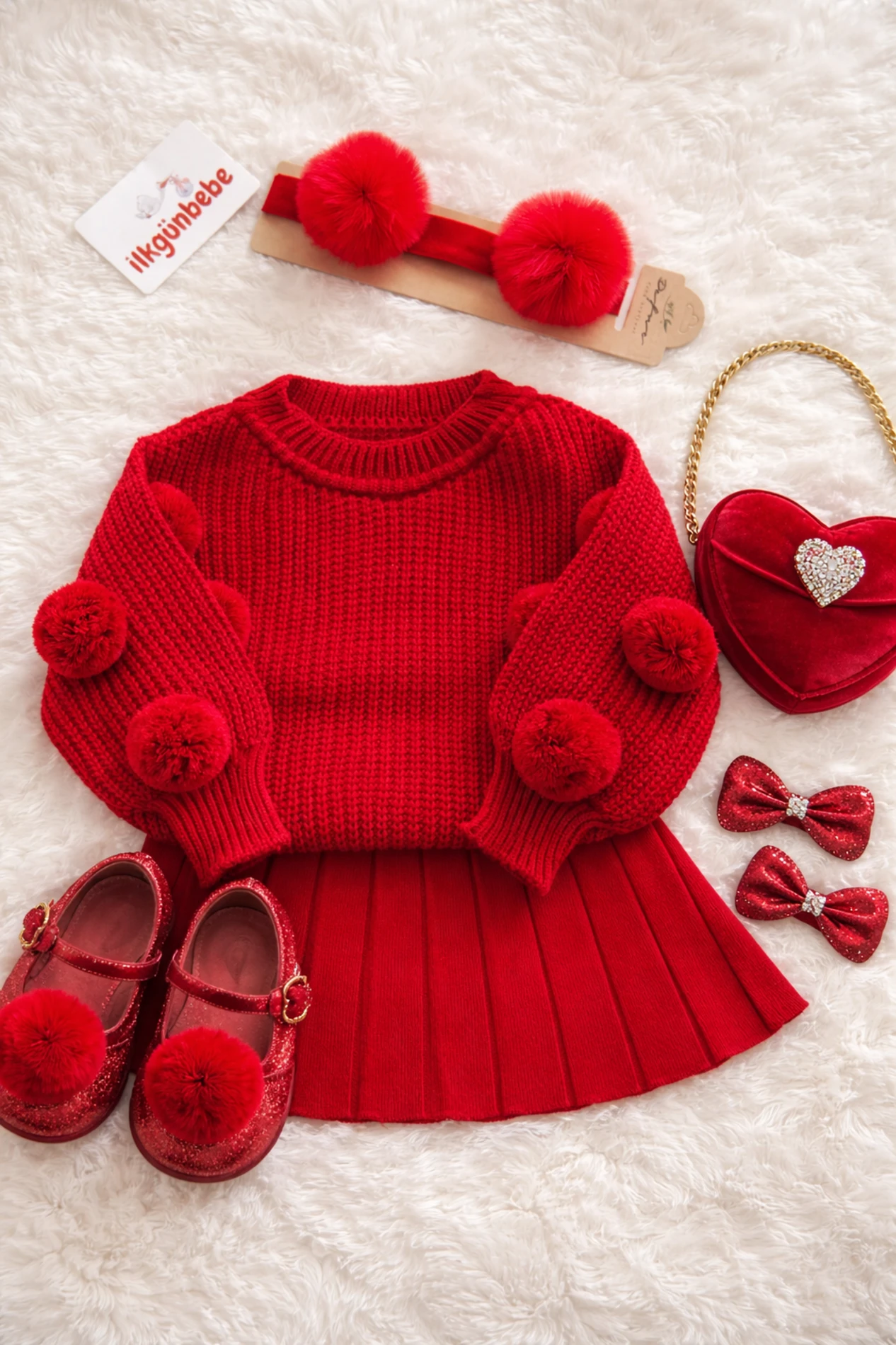 Selanik Örgüsü Kumaşlı Ponpon  Detaylı Triko Etekli 3’lü Takım