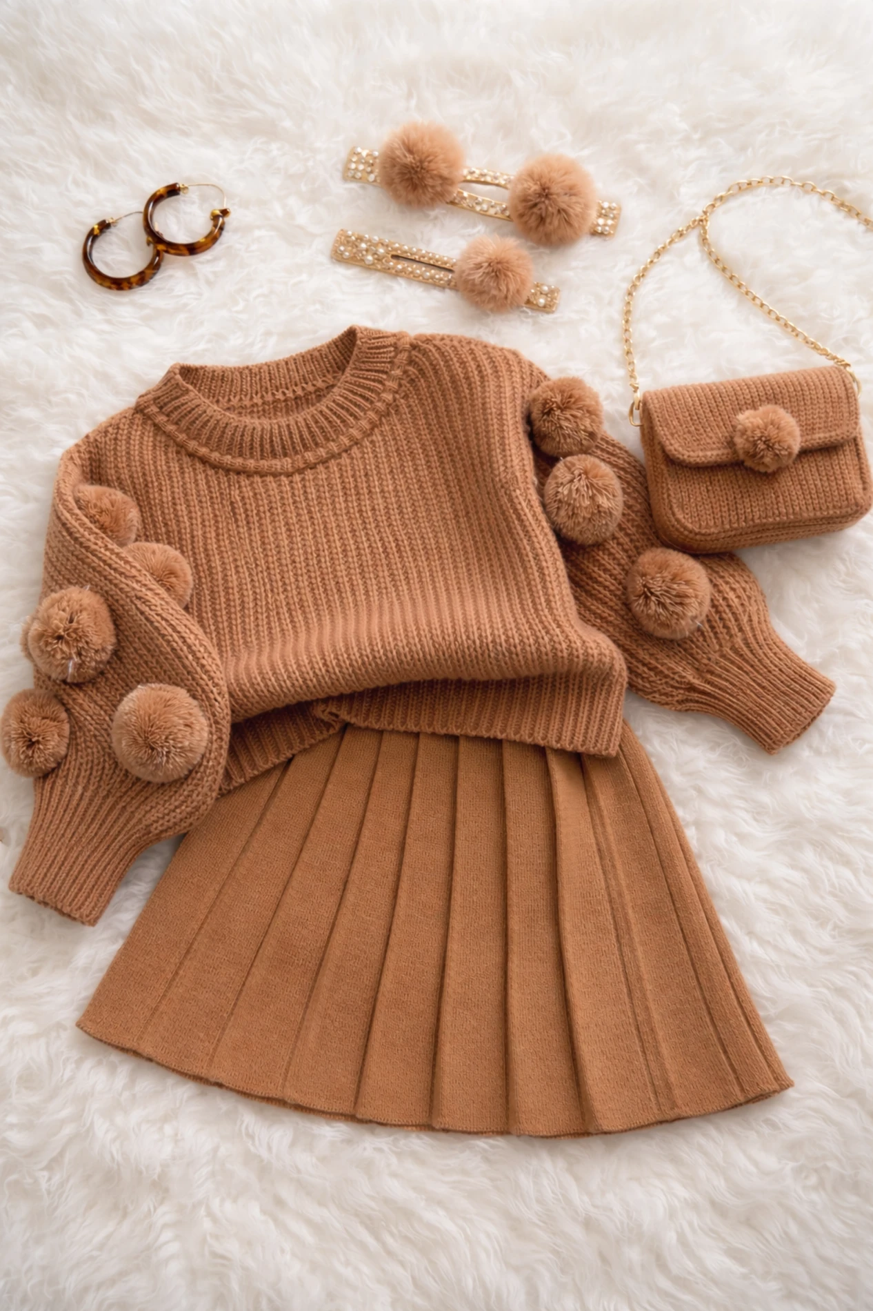 Selanik Örgüsü Kumaşlı Ponpon  Detaylı Triko Etekli 3’lü Takım