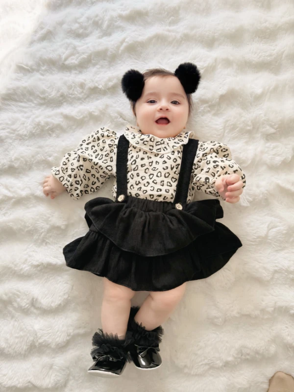 Leopar Desenli Müslin Gömlekli Kadife Salopet Set