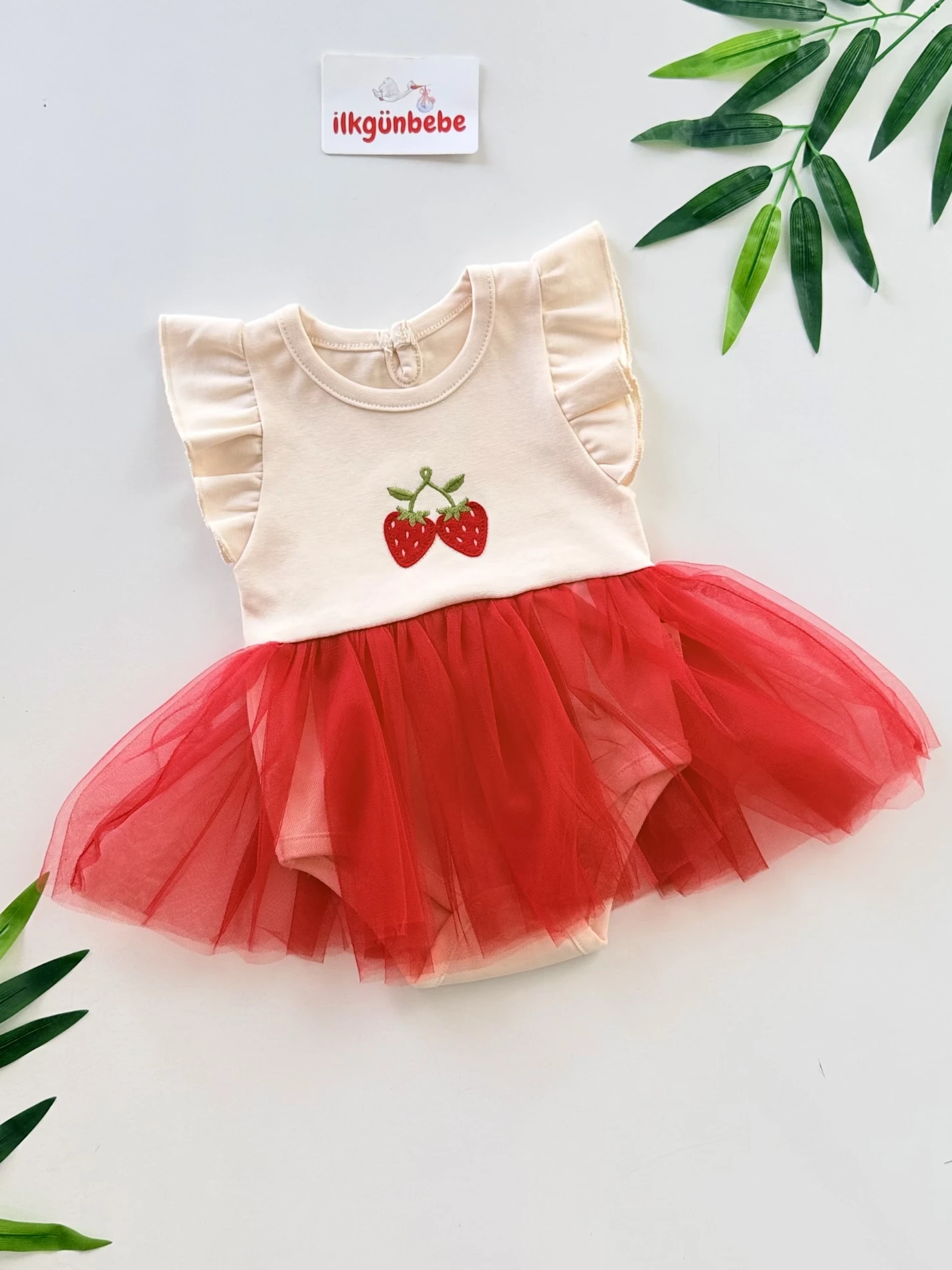 Çilek Desenli Tütülü Body Elbise