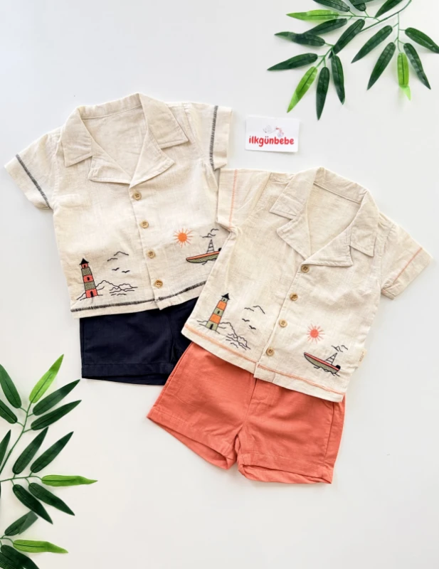 Denizci Nakışlı  Keten Gömlek Şort Takım