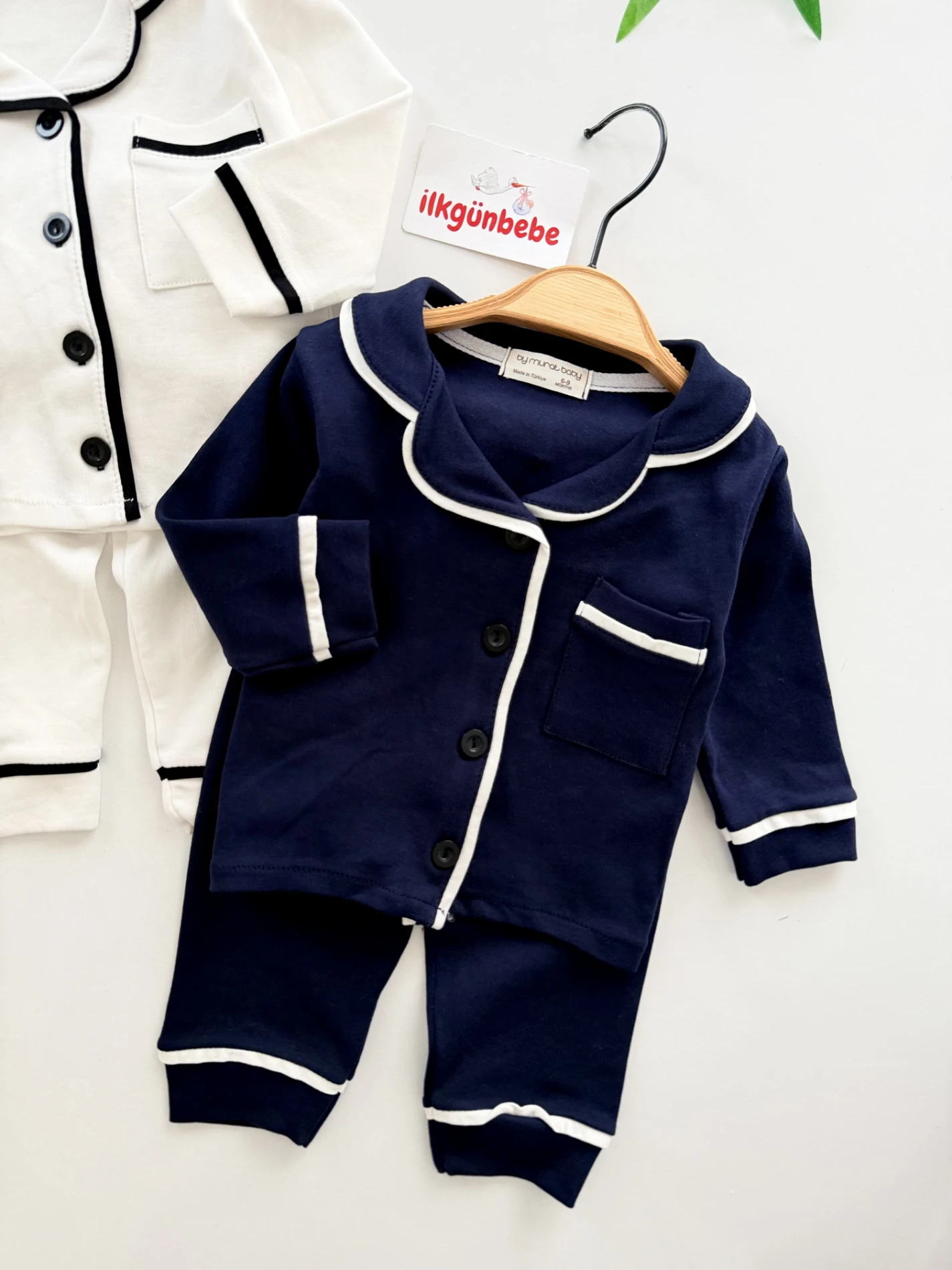  Düğmeli %100 Pamuk Bebe Yaka Pijama Takımı