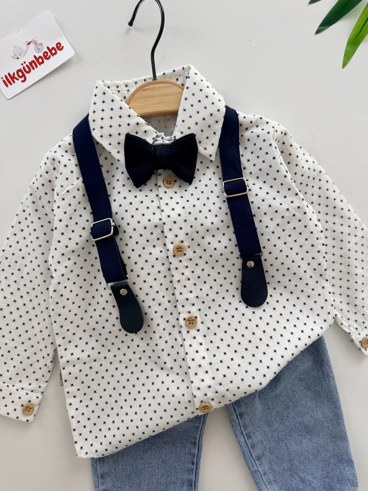 Papyonlu Askılı Kot Pantalon Gömlek 4’lü Takım
