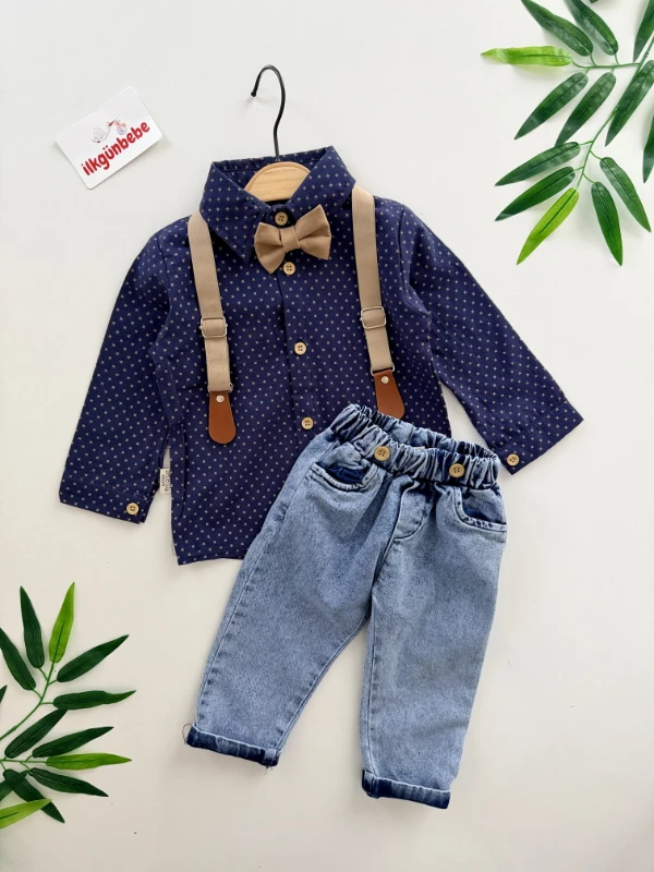 Papyonlu Askılı Kot Pantalon Gömlek 4’lü Takım