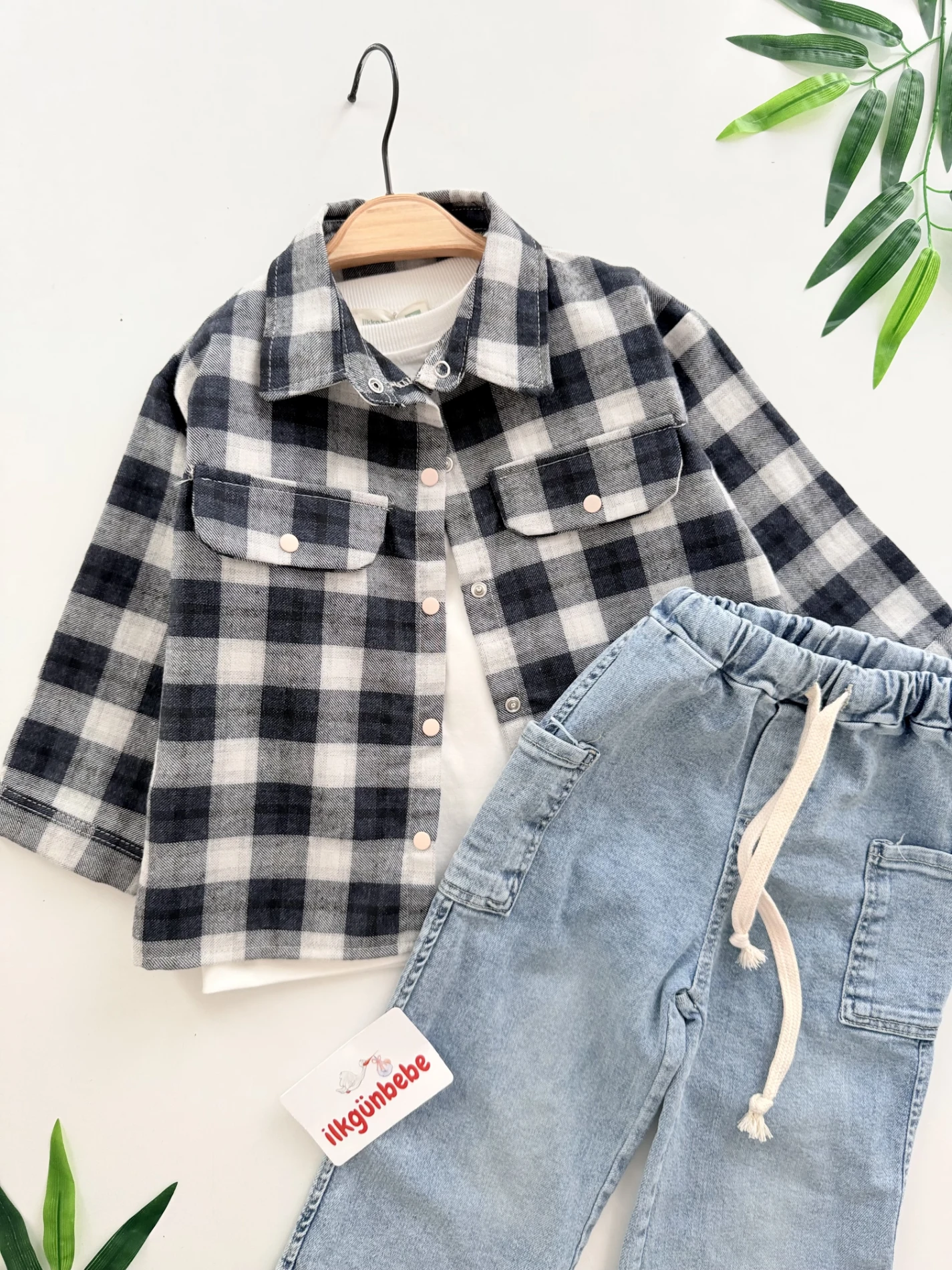 Ekose Oduncu Gömlekli Sweatli Kot Pantalonlu Premium Takım