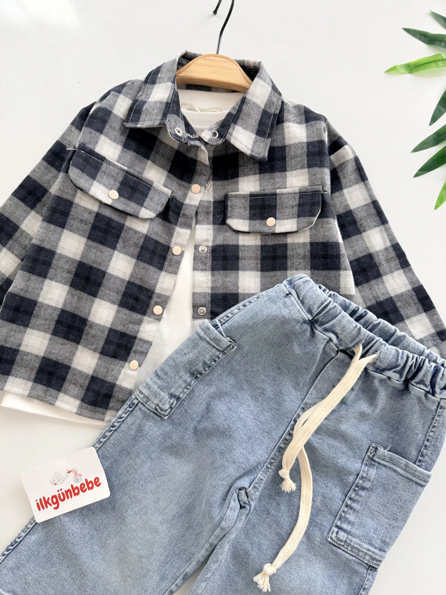 Ekose Oduncu Gömlekli Sweatli Kot Pantalonlu Premium Takım