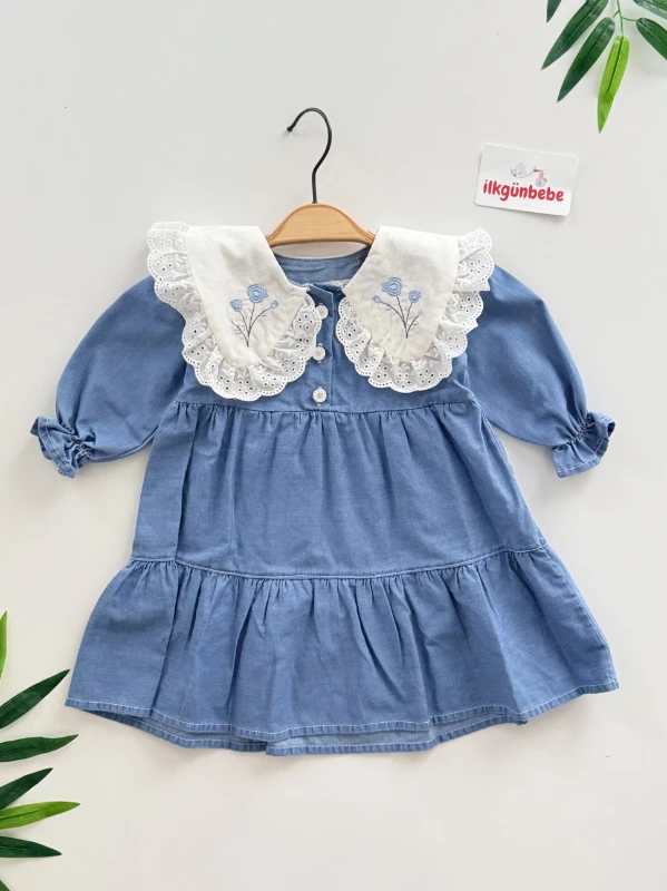 Fisto Yaka Likralı Kot Kumaş Elbise