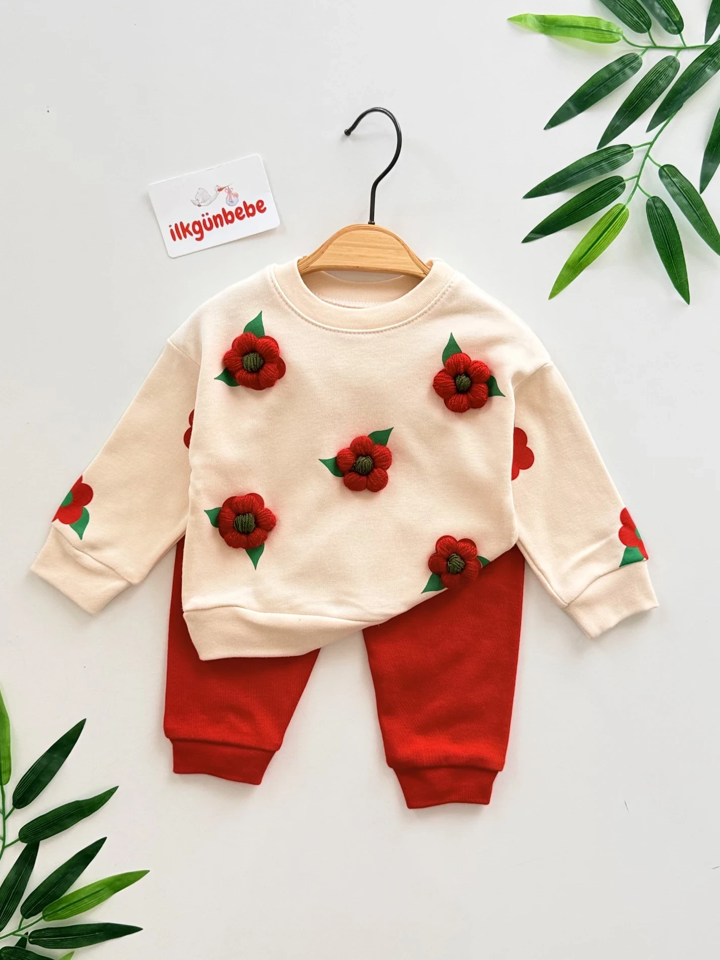 Çiçek Kabartma Nakışlı %100 Pamuk 2’li Takım