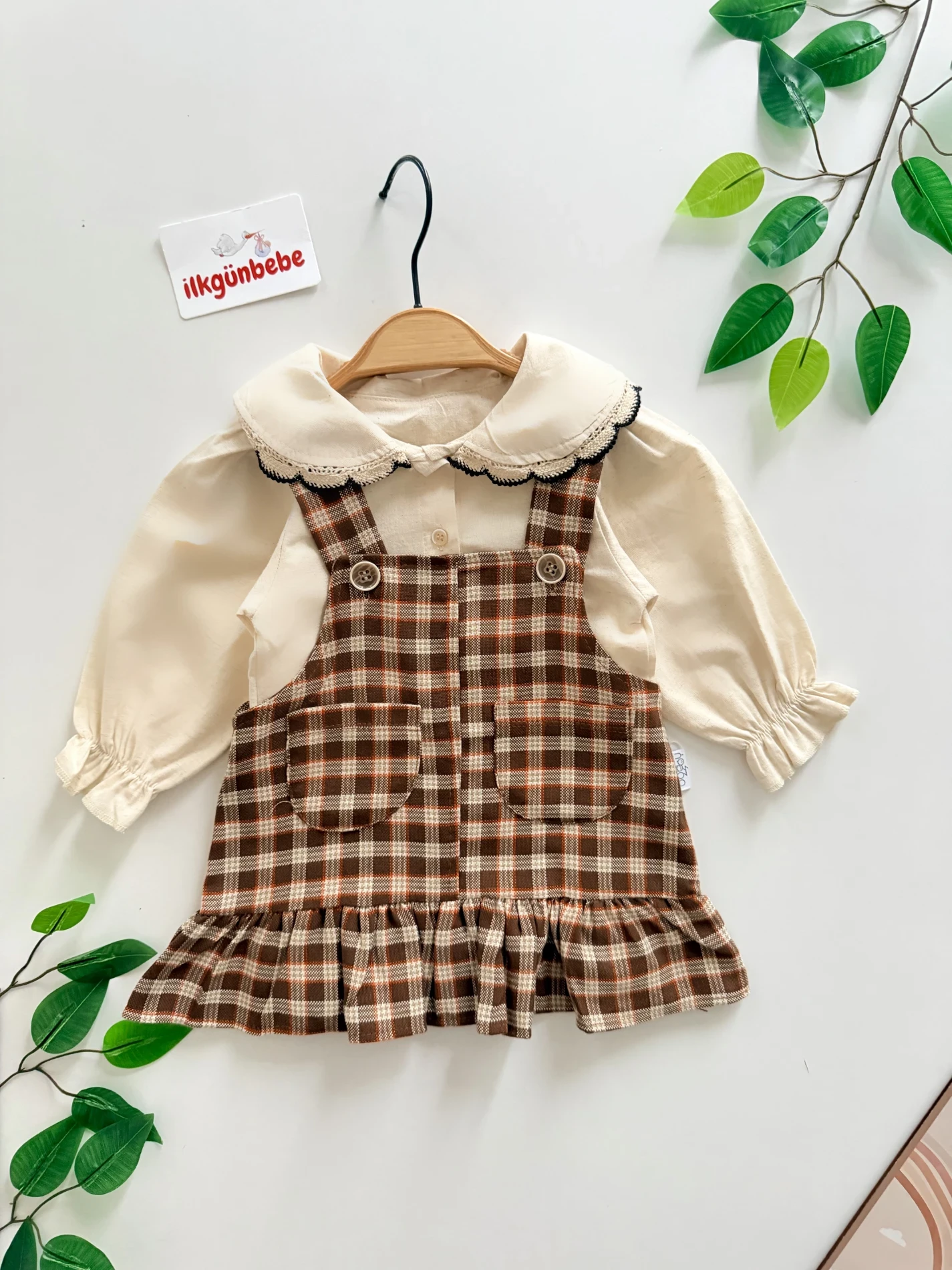 Keten Gömlekli Ekose Desenli Jile Elbise Set