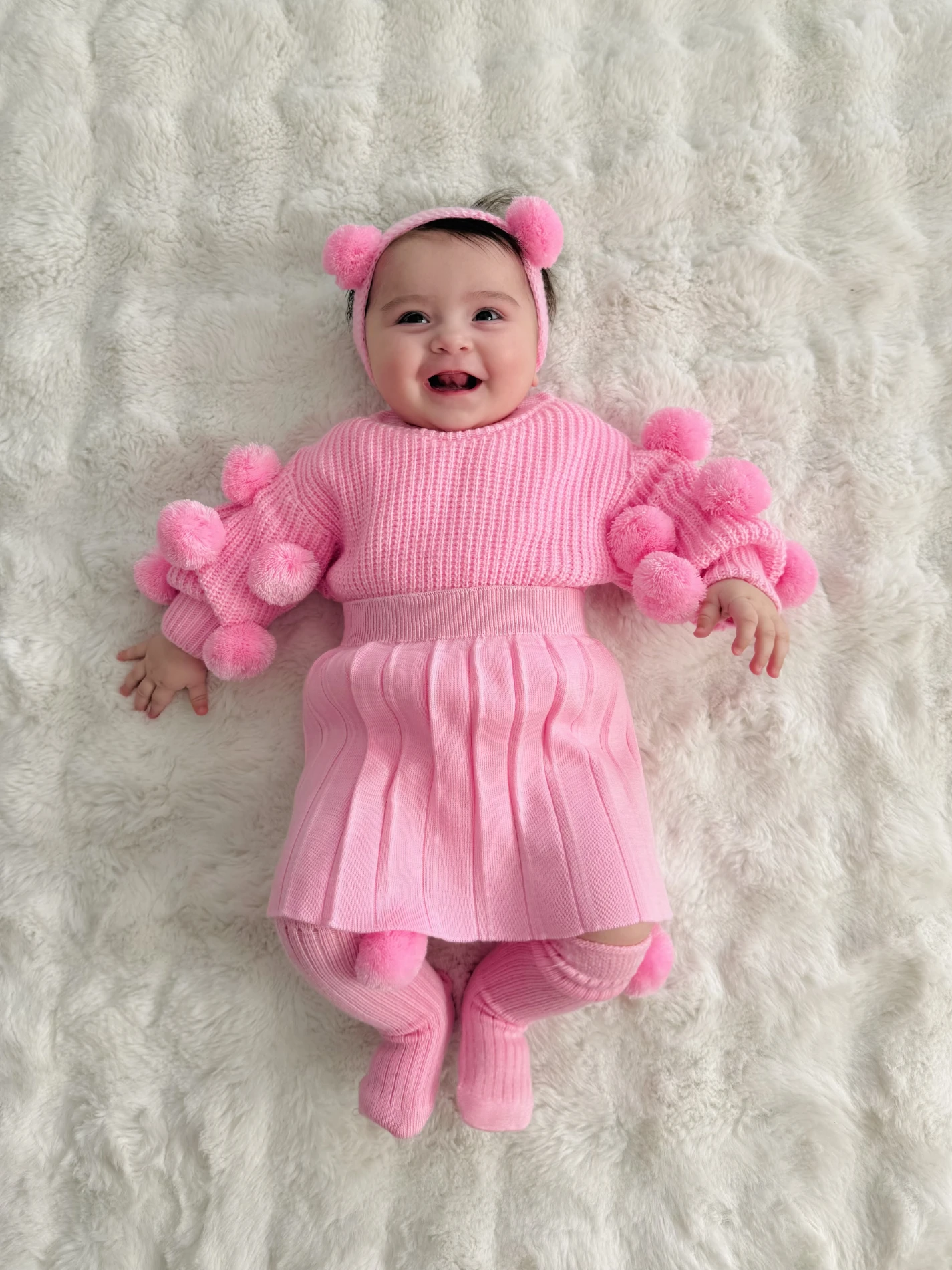 Selanik Örgüsü Kumaşlı Ponpon  Detaylı Triko Etekli 3’lü Takım