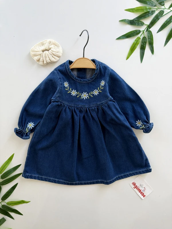 Hazel Çiçekli Premium Toka Hediyeli Kot Denim Elbise 