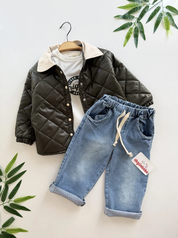 Kapitone Ceketli Kot Pantalonlu 3’lü Takım