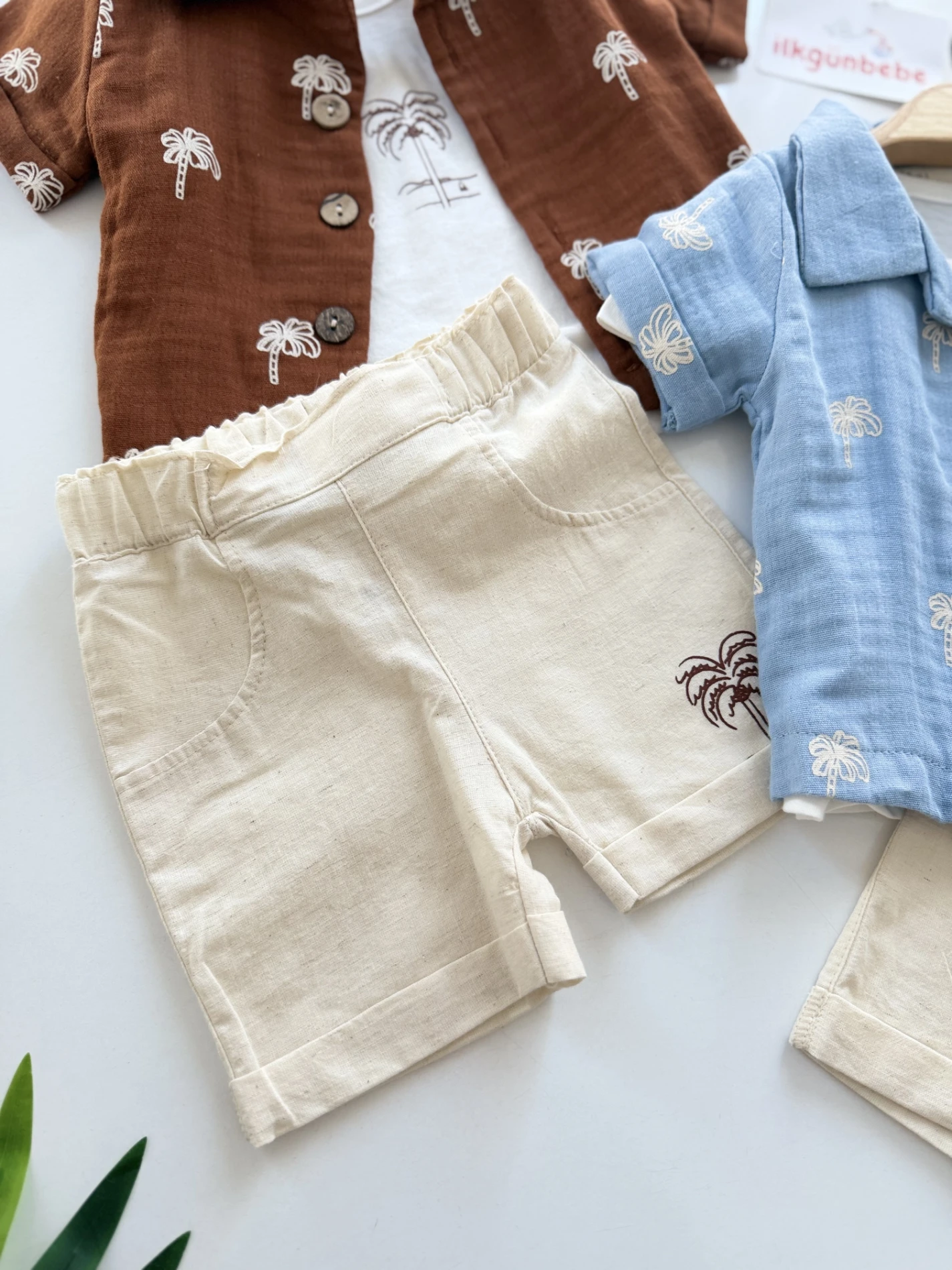 Kaktüs Desenli Müslin Gömlekli Keten Şortlu 3’lü Takım