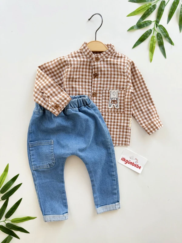 Kedi Nakışlı Kot Pantalonlu Takım