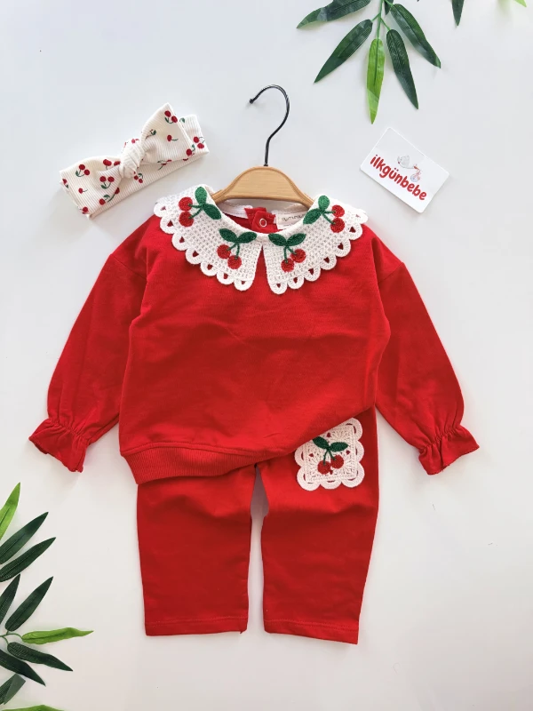 Kiraz Detaylı 2’li  %100 Pamuk Takım