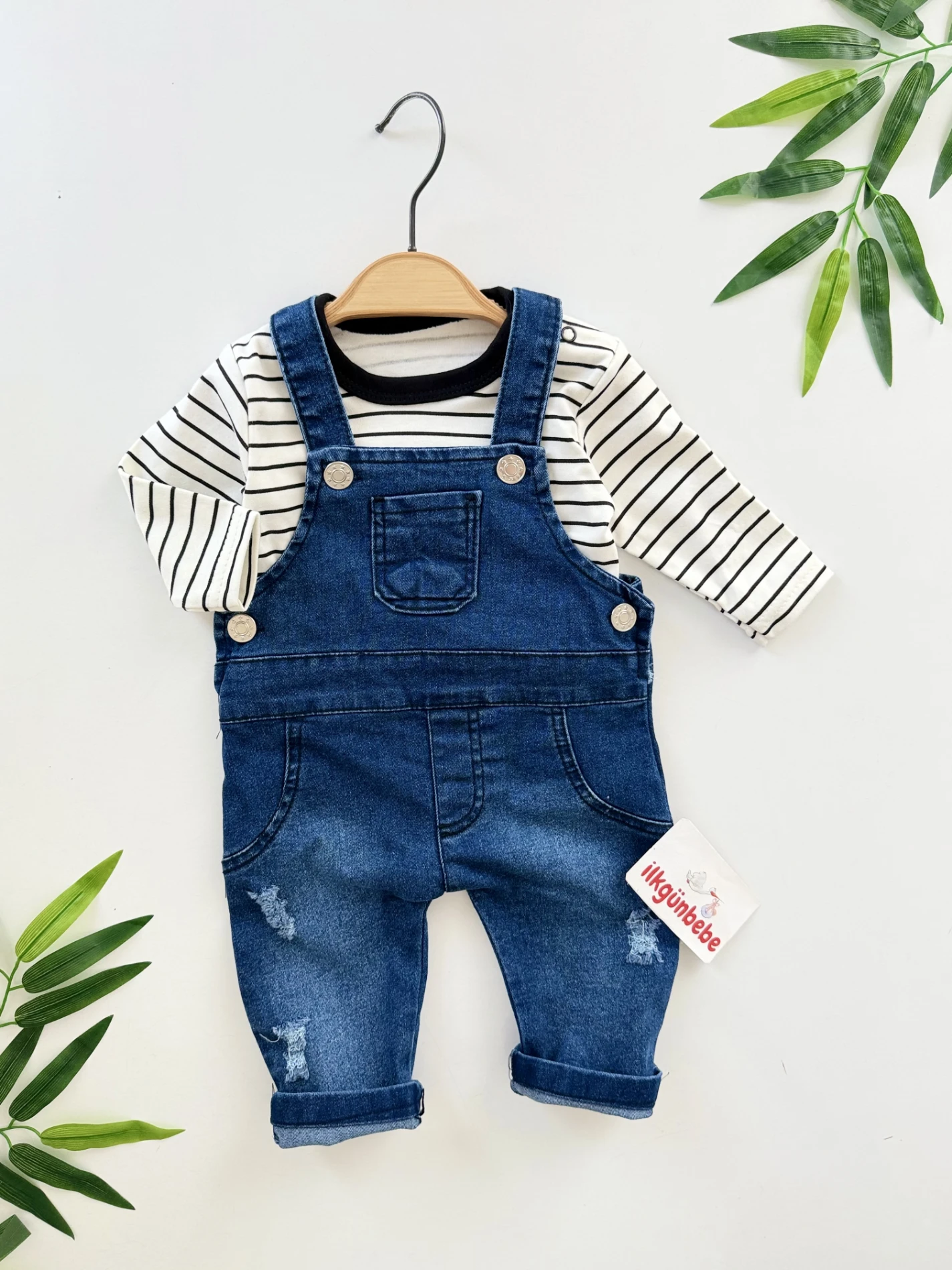 Çizgili Bodyli Kot Salopetli Set