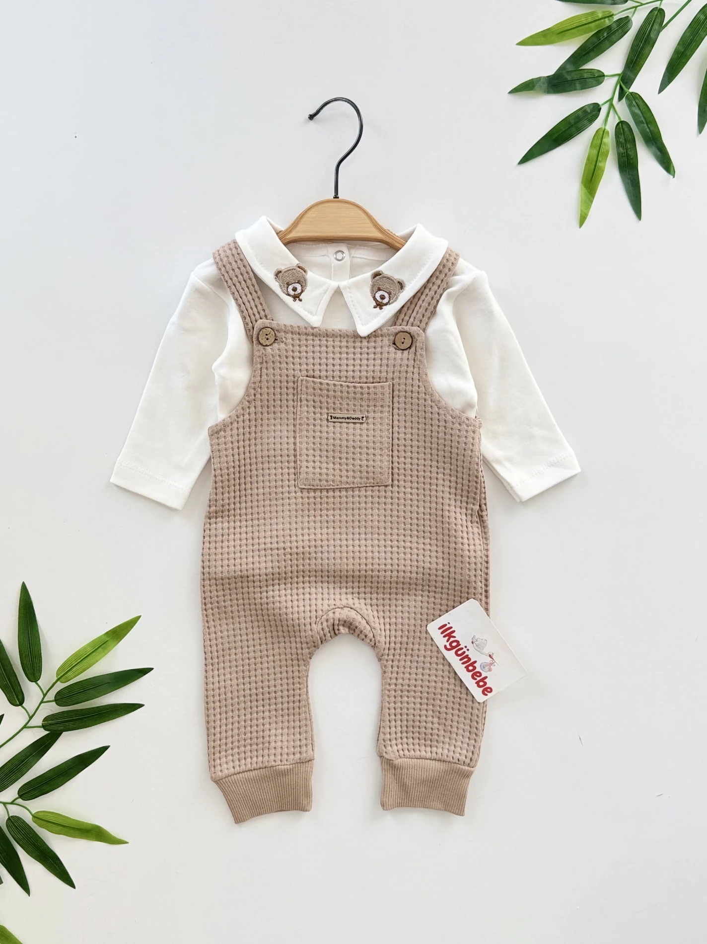 Teddy Yaka Nakışlı Badi & Salopet Set