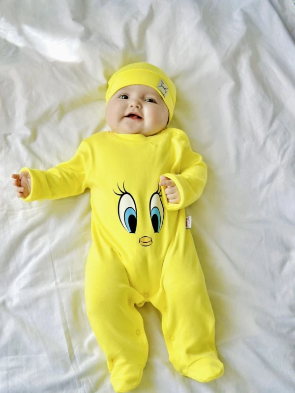 Tweety desenli %100 Pamuk Şapkalı Unisex Tulum Set