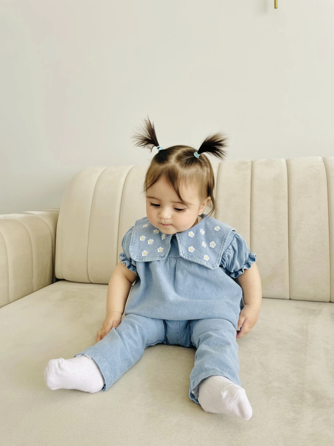 Papatya Yaka Nakışlı %100 Pamuk Likralı Esnek Kumaş 2’li Takım