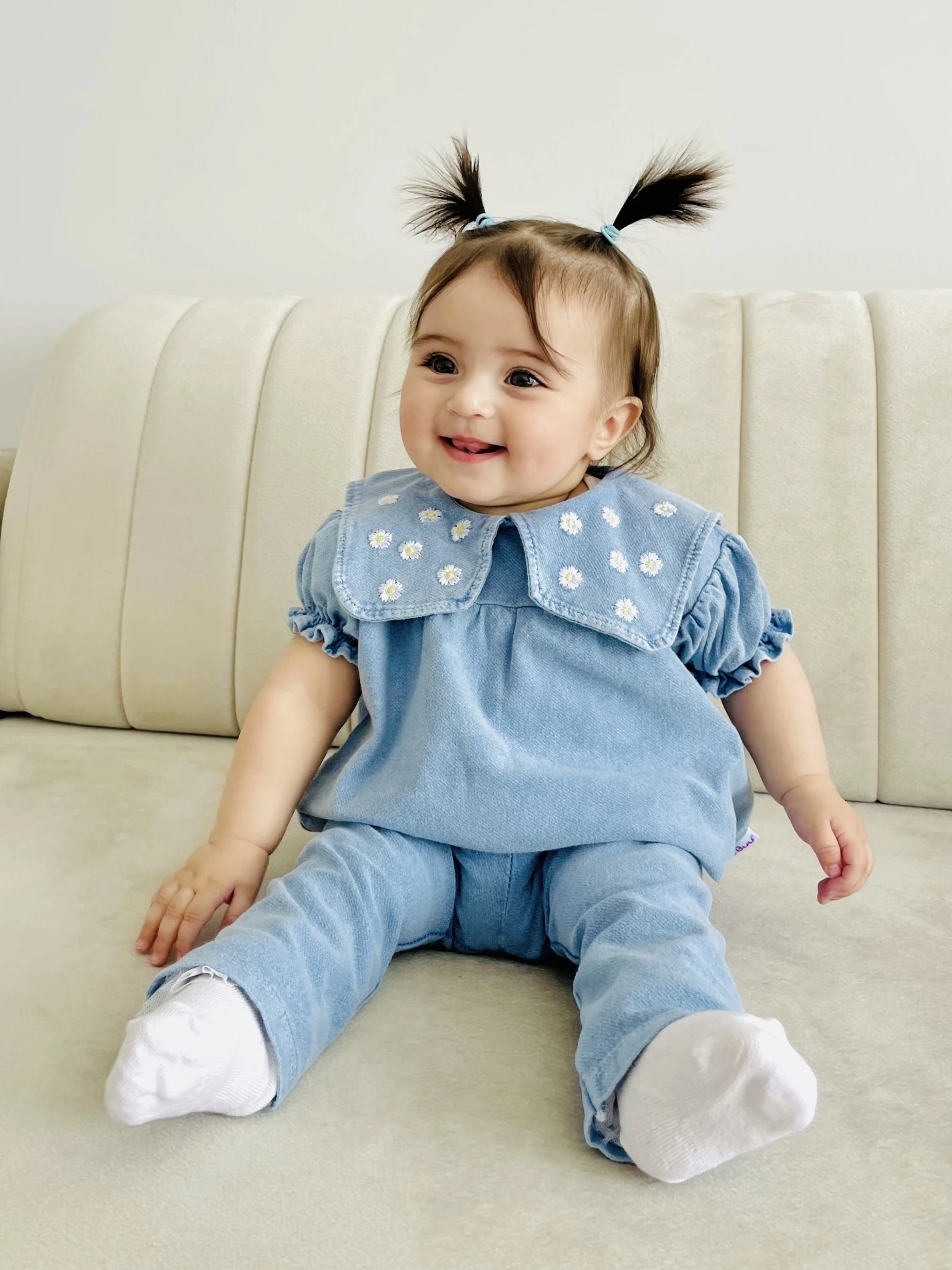 Papatya Yaka Nakışlı %100 Pamuk Likralı Esnek Kumaş 2’li Takım