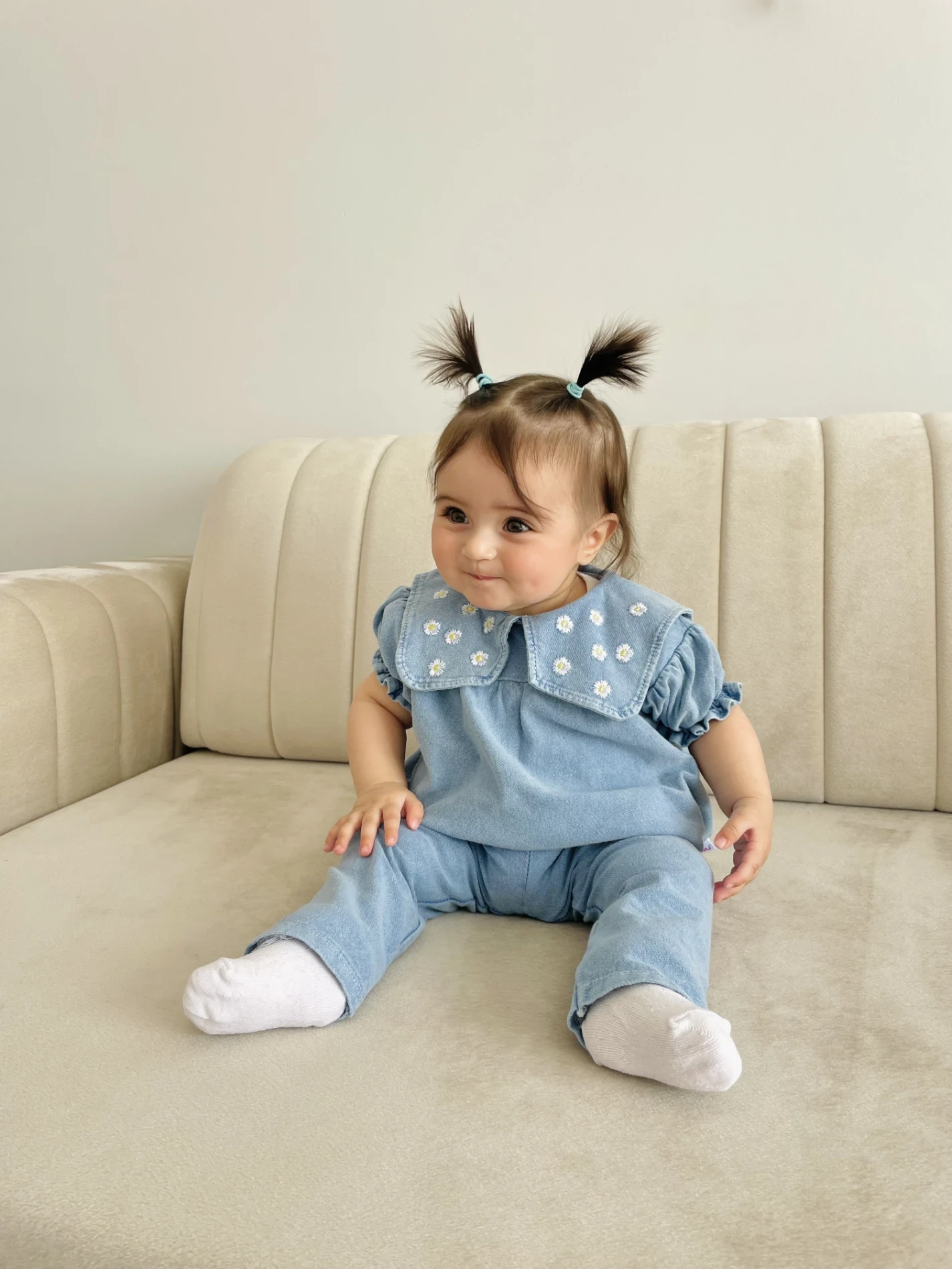 Papatya Yaka Nakışlı %100 Pamuk Likralı Esnek Kumaş 2’li Takım