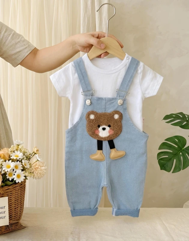 Bear Punch İşlemeli Likralı Kot Kumaş Salopetli Badili 2’li Takım