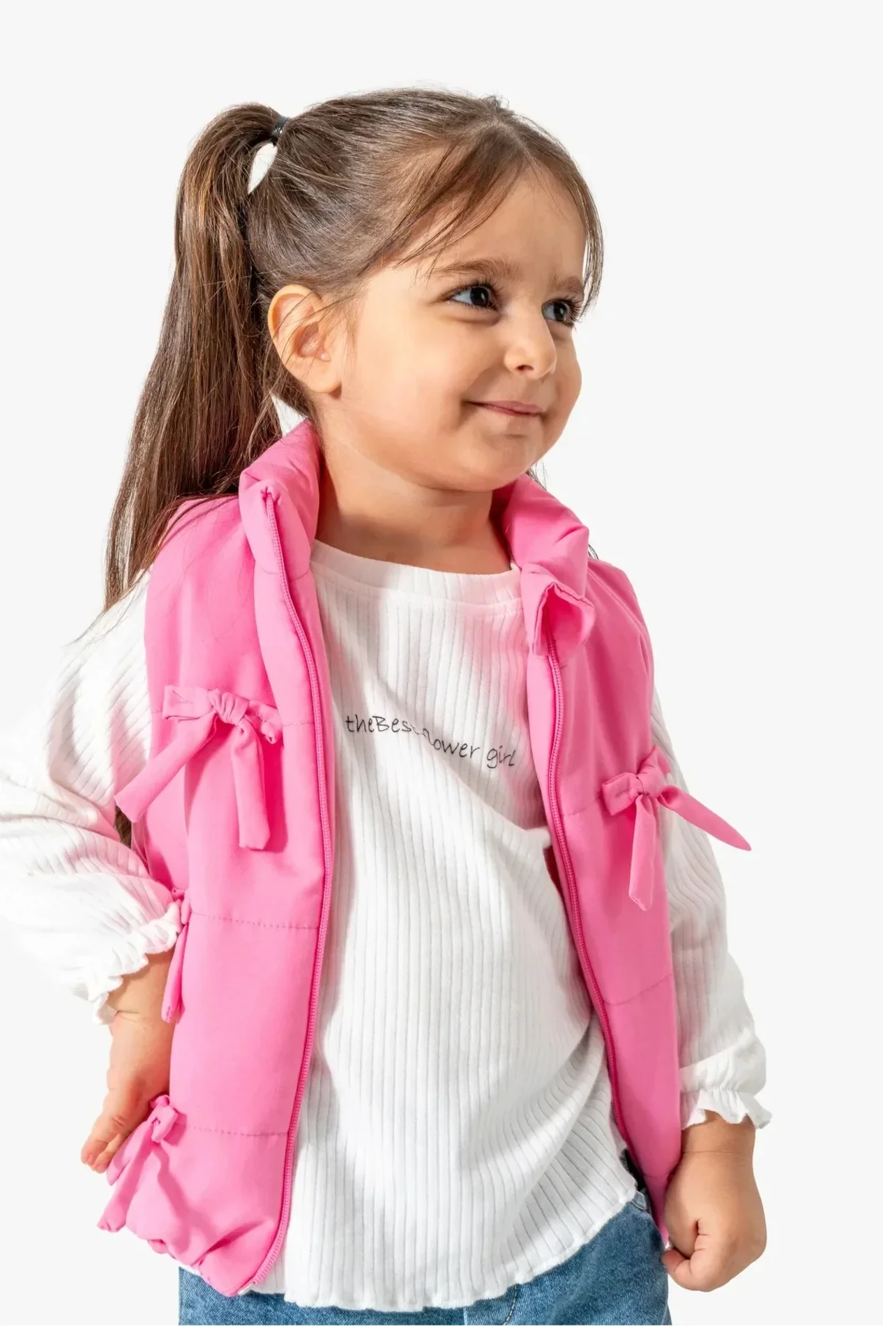 Fiyonklu Şişme Yelekli Kot Pantalonlu Bodyli 3’lü Takım