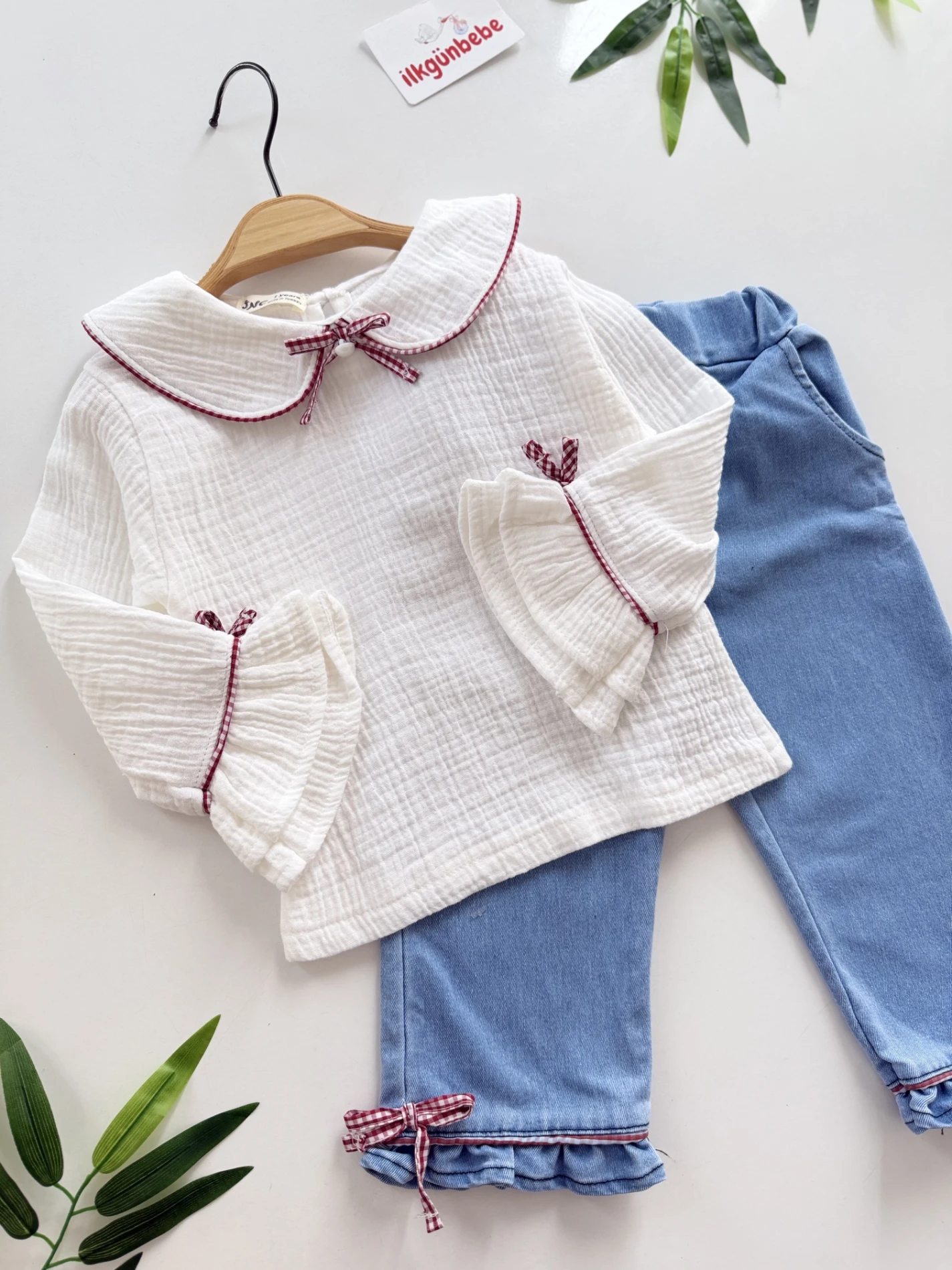 Pötikare Fiyonklu Müslin Yakalı Kot Pantalonlu 2’li Takım