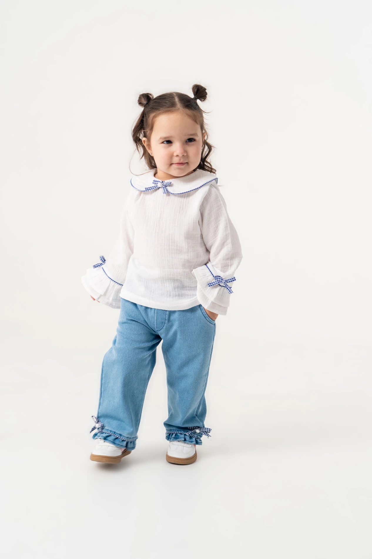 Pötikare Fiyonklu Müslin Yakalı Kot Pantalonlu 2’li Takım