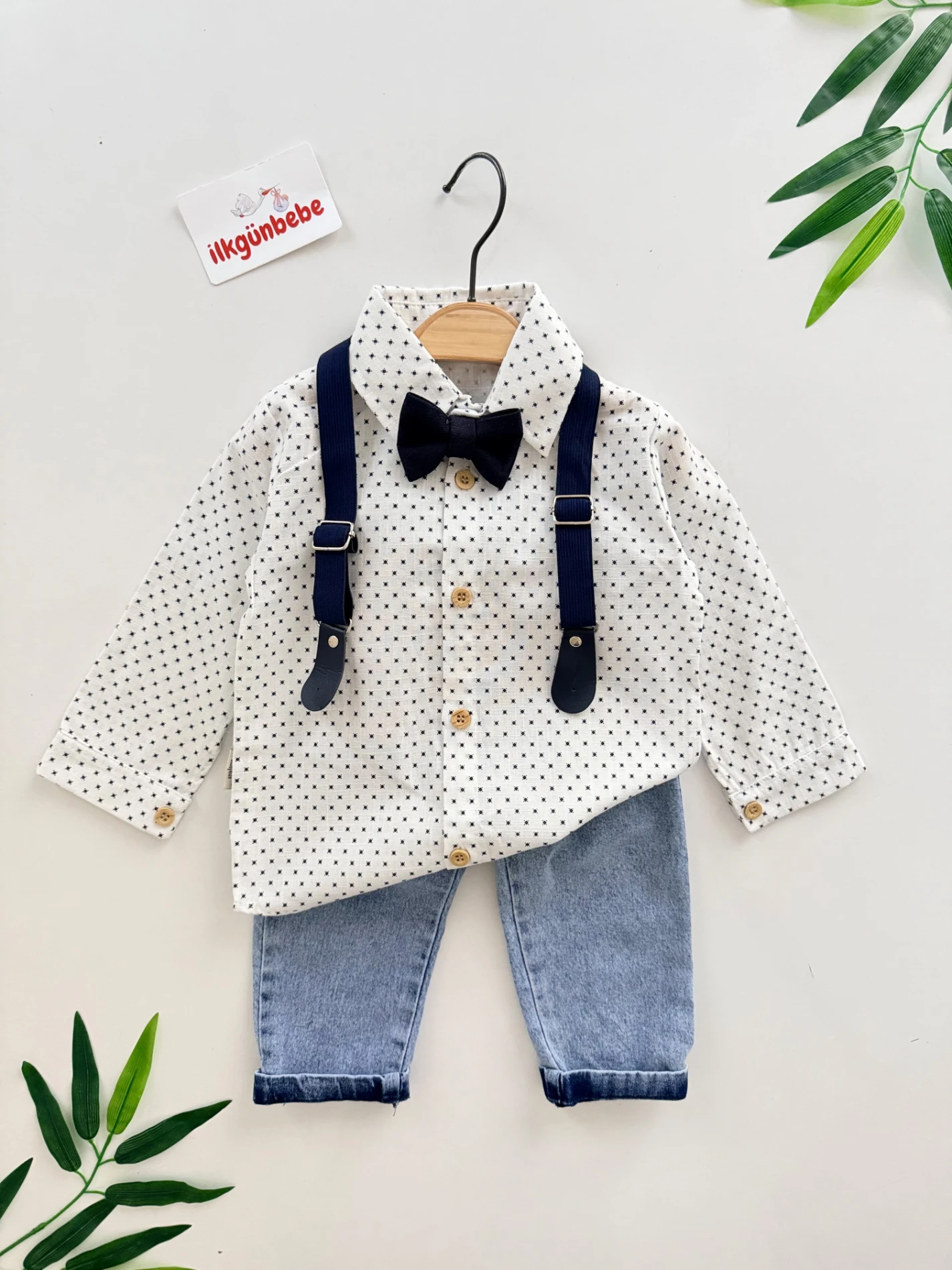 Papyonlu Askılı Kot Pantalon Gömlek 4’lü Takım