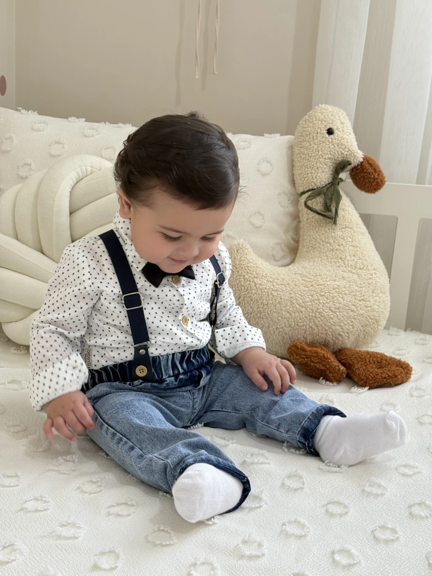 Papyonlu Askılı Kot Pantalon Gömlek 4’lü Takım