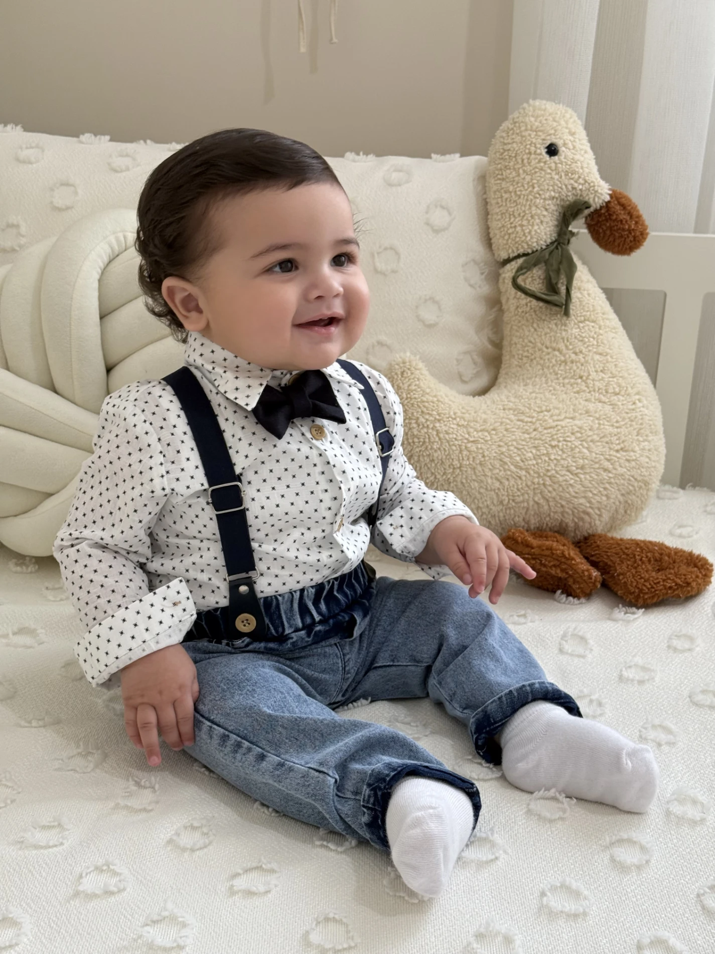 Papyonlu Askılı Kot Pantalon Gömlek 4’lü Takım