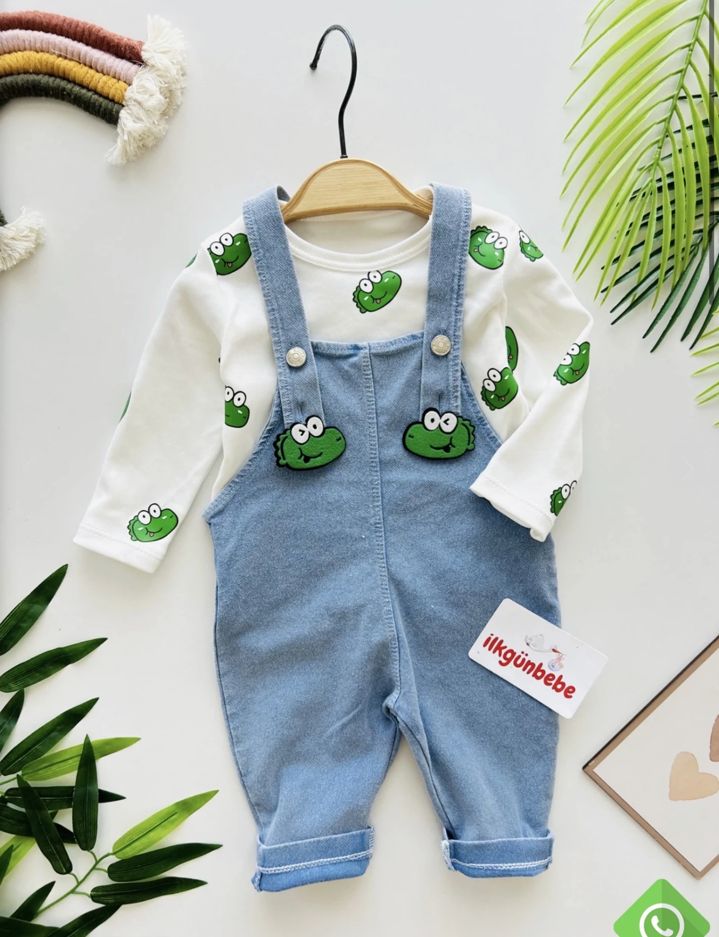 Sevimli Timsah Temalı Likralı Kot Salopetli 2’li Set